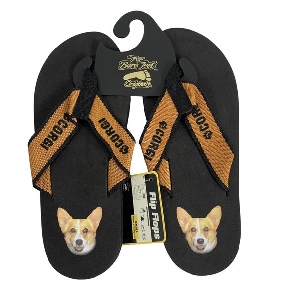 Corgi Print Flip Flops For Bare Feet Originals Black & Orange SZ S Womens 7-8 - Picture 2 of 5
